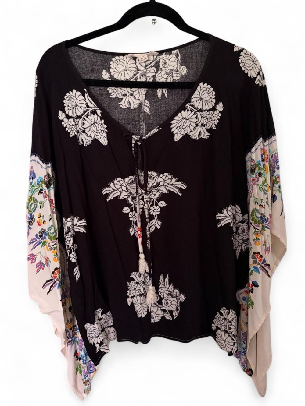 lovestitch Black Floral Tie-Front Poncho Top with Cream Kimono Sleeve Panels M/L
